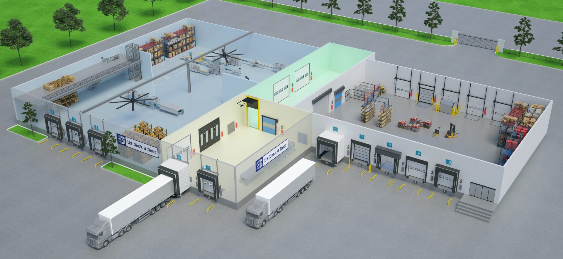 Cutaway rendering of a warehouse showing loading docks, doors, gates and equipment
